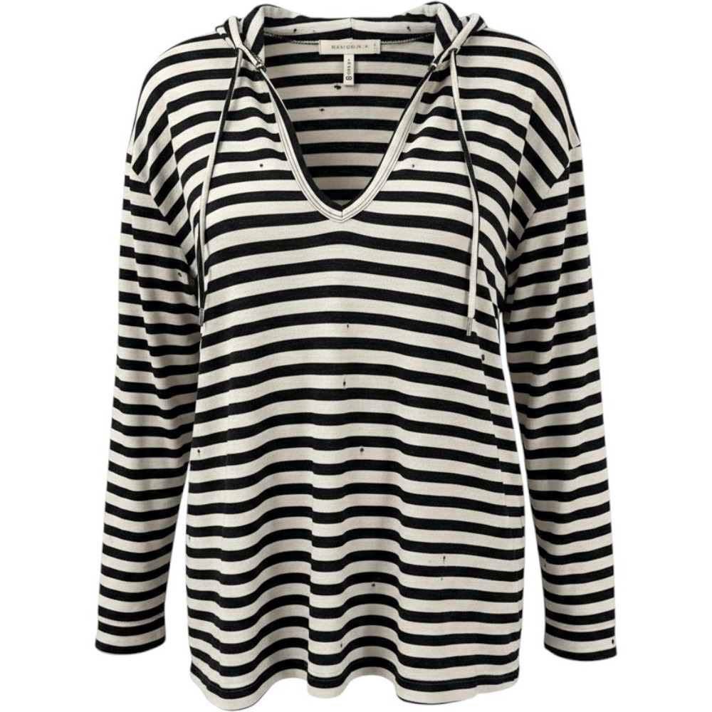 Emma & Sam Womens Hoodie M Black White Striped USA Distressed V-Neck Grunge